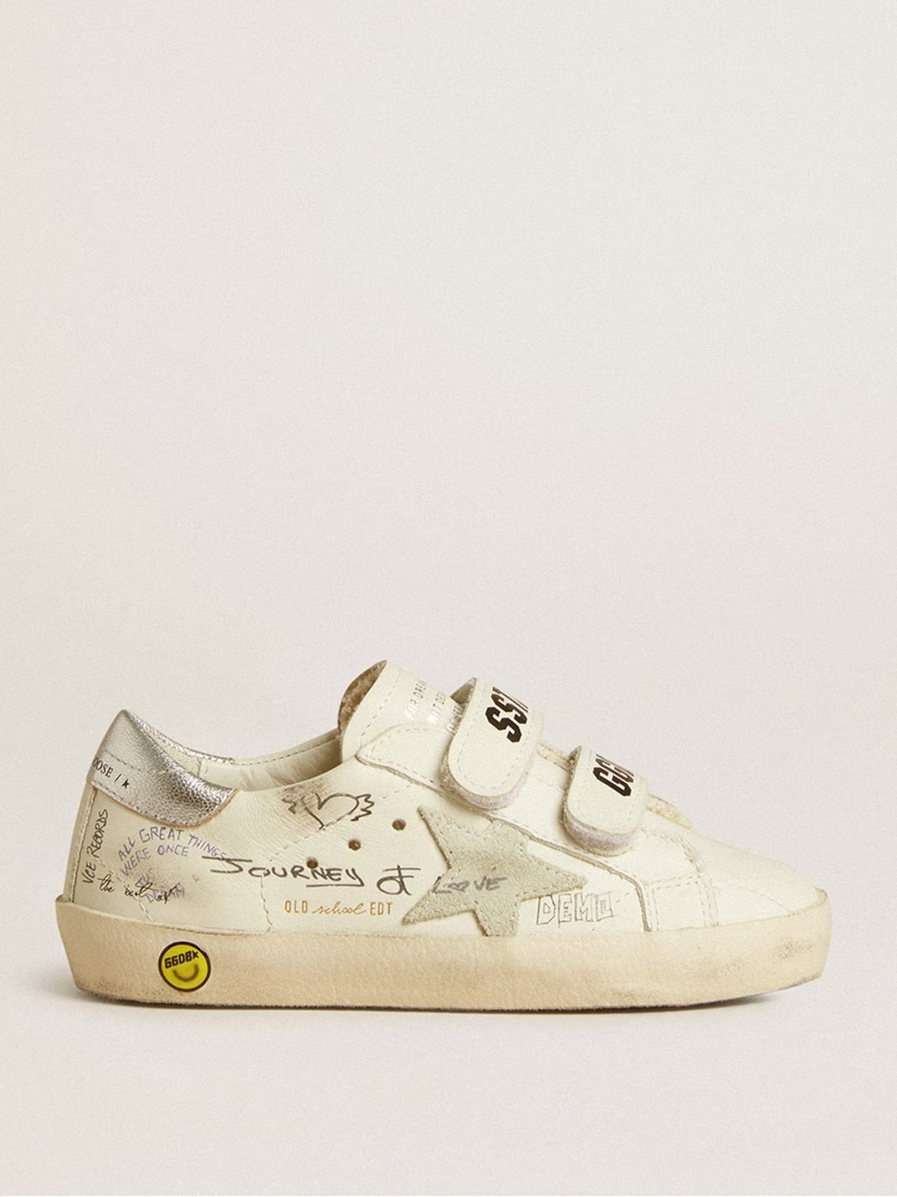 Golden Goose Old School Kids Sneaker White/Writing/Silver Heel sz 30 New in Box